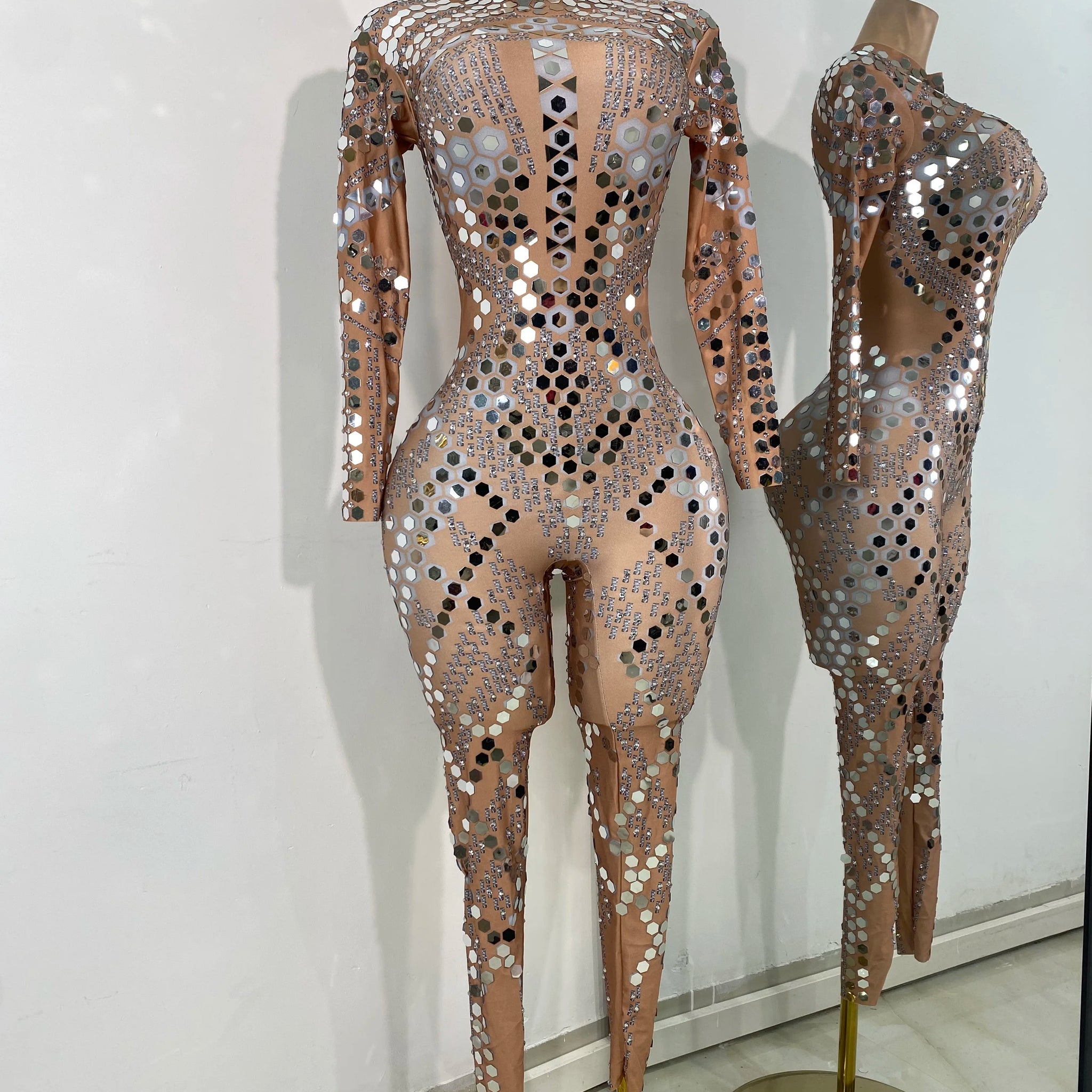 Women Sexy Spandex Tight Jumpsuit Long Sleeve Mirrors Cosplay Costume Nightclub Dancer Outfit Performance Stage Wear