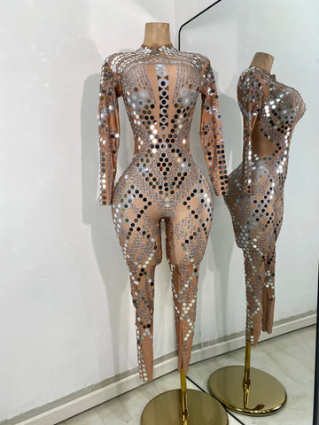 Women Sexy Spandex Tight Jumpsuit Long Sleeve Mirrors Cosplay Costume Nightclub Dancer Outfit Performance Stage Wear