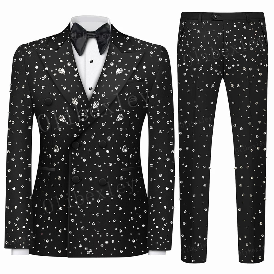 Luxury Full Crystal Tuxedos for Men Wedding Slim Fit Tailored Peaked Lapel Jacket 2 Pieces Male Costume Groom for Prom