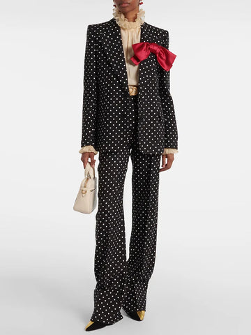 Designer Suit Women Bow Decorated Polka Dot Blazer Pants Set 2PCS