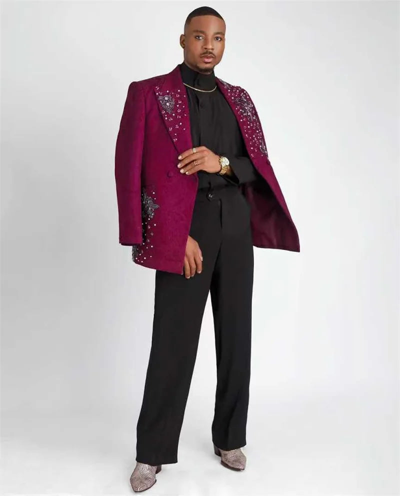 Burgundy Jacquard Men Suits Set 2 Pieces Blazer+Black Pants Trousers Crystals Wedding Tuxedos Jacket Formal Office Male Coat