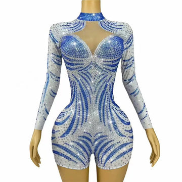 Luxury Handmade Flashing Full Little Rhinestones Mesh Bodysuit Party Show Leotard Rompers Stage Performance Pole Dance Costume
