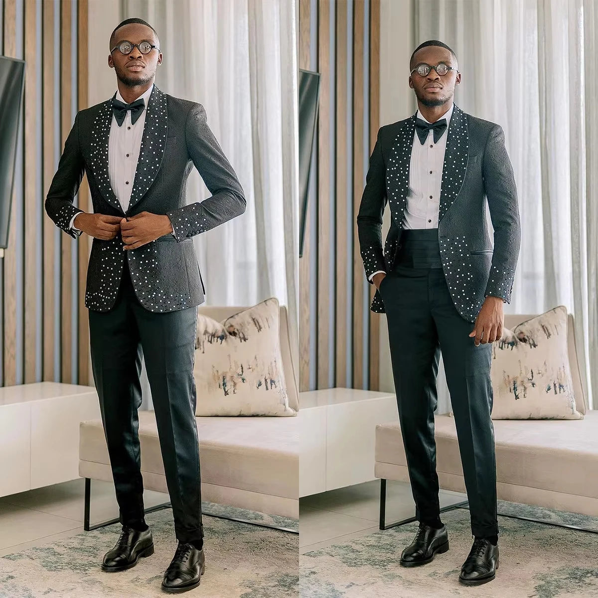 Customized Men Suits Groom Wear Shine Business Tailor-Made Slim Fit Party Tuxedo 2 Pieces Crystal Wedding Formal Occasions