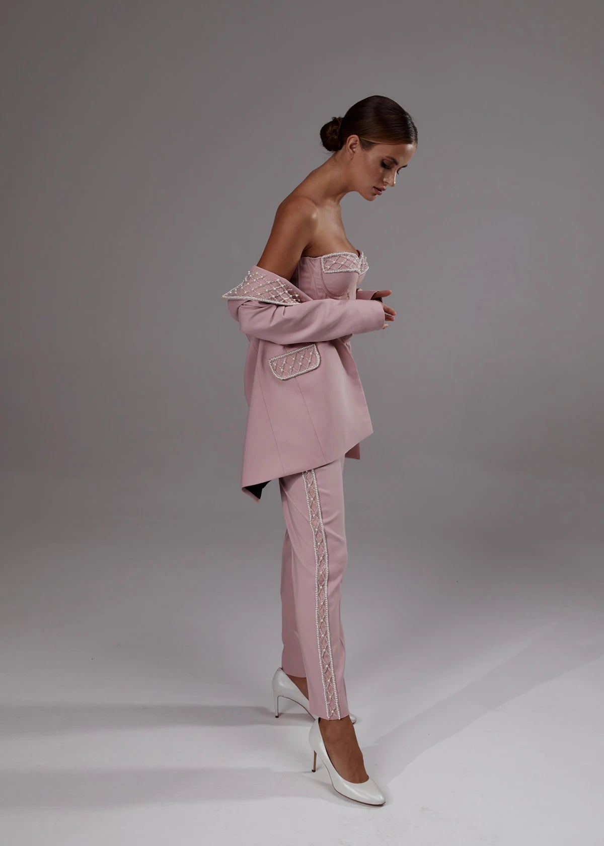 Elegant Pearl Beaded Blazer Set for Women - 3 Piece Custom Tailored Outfit for Party, Prom, and Wedding Events