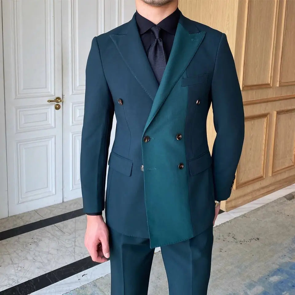 Costume homme vert sur mesure 2 pièces blazer pantalon smoking croisé épissé revers en pointe slim mariage marié bal sur mesure 