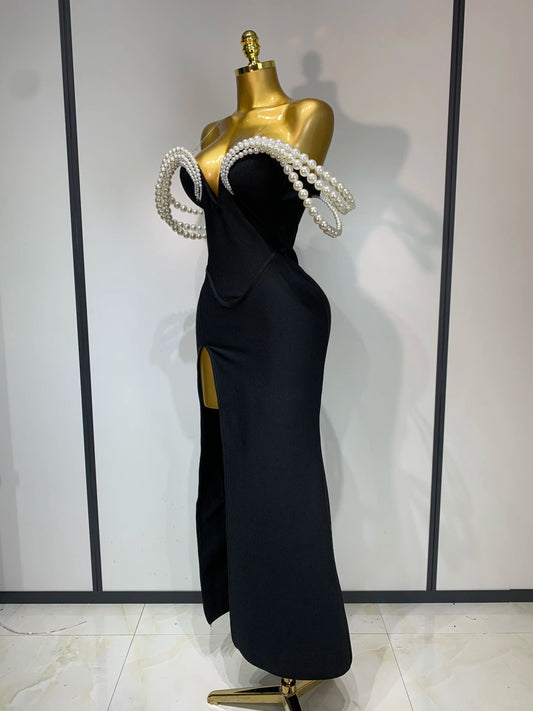 Women Luxury Designer Pearls V Neck Maxi Long Bandage Bodycon Dress Celebrity Evening Party Birthday Gowns Singer Stage Costumes