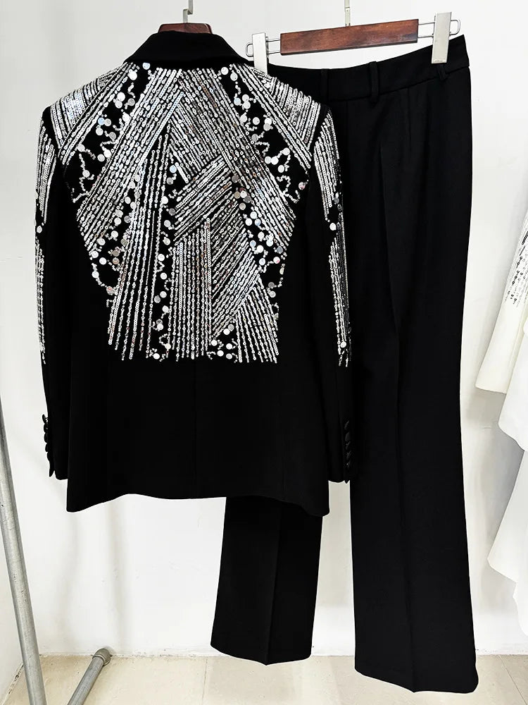 White Beaded Embroidery Sequins Pants Sets Women 2 Piece Outfits Blazer Pantsuits for Women Suits Outfits Black