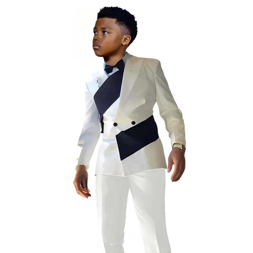Satin Boys Suit 2 Pieces Set Double Breasted White Jacket with Pants Wedding Tuxedo Kids for 2-16 Years Old Boy Slim Fit Suit