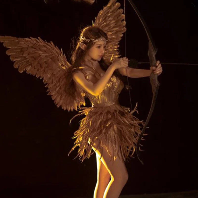 Gold Feather Fairy Wings Angel Dress Sexy Cosplay Costumes Suit Party Victorian Princess Girl Halloween Red Wing for Women