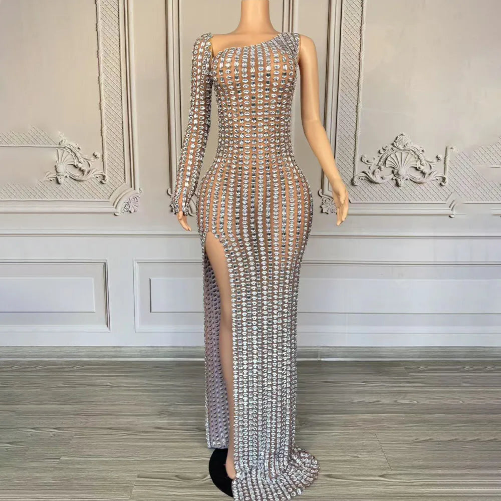 Luxurious Rhinestones Evening Party Birthday Celebrate Dress Women Sexy Mesh Transparent High Split Dress Singer Stage Wear