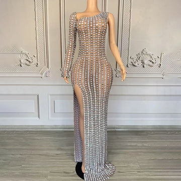 Luxurious Rhinestones Evening Party Birthday Celebrate Dress Women Sexy Mesh Transparent High Split Dress Singer Stage Wear