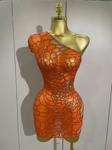 Women Shining Rhinestones Sexy One Shoulder Cultivation Dress Birthday Celebrate Party Evening Gown Singer Stage Costume