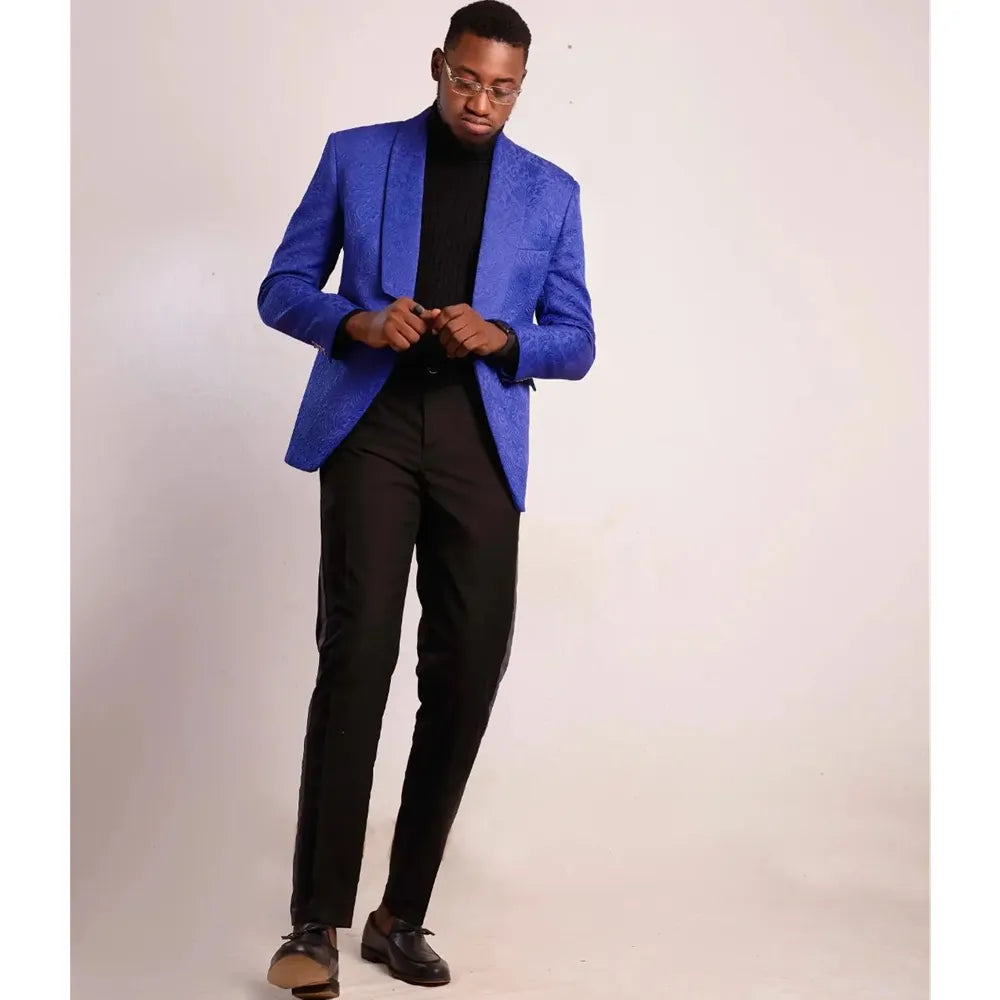 Suit For Men Wedding Royal Blue Jacquard Black Trousers Modern Man Costume Dresses For Groom Luxury Blazer 2 Pieces