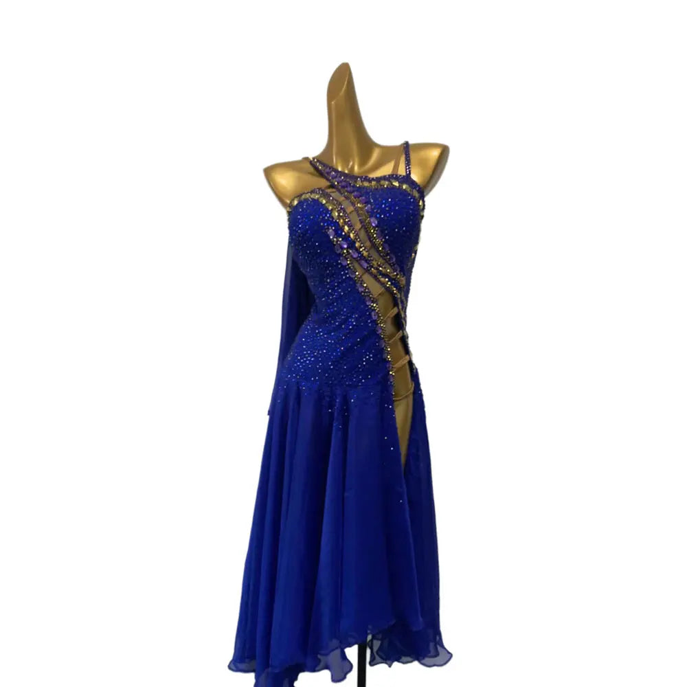 Latin Dance Competition Women's High-end Custom Gold Diamond Dress Cha Performance Samba Rhinestone Dress