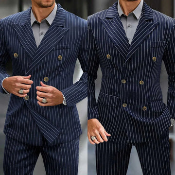 Handsome Wedding Tuxedos 2 Pcs Jacket Pants Long Sleeve Men Suit Gentleman Pinstripe Double Breasted Evening Party Customized