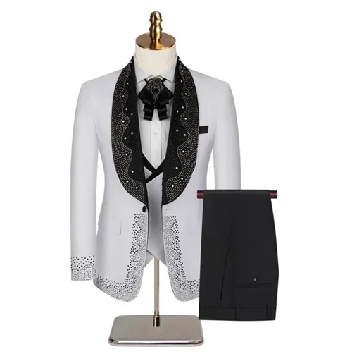 Luxury Wedding Suit for Fashion Men Beaded Slim Fit Groom Tuxedo Gentleman Party Suit 3 Pieces (Jacket+Pants+Vest)