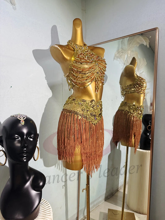 Latin Dance Costume AB Stone Female Adult Children High-End Customized Chain Flower Costume Samba Performance Dress