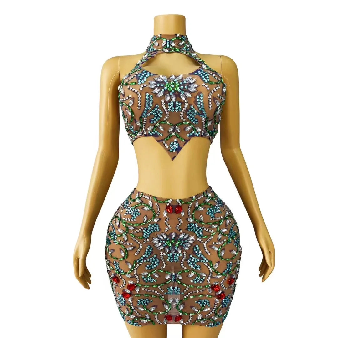 Sexy Crop Top Short Skirt Set Two Pieces Women's Stage Performance Outfit Vintage Diamonds Nightclub Dance Costume