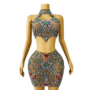 Sexy Crop Top Short Skirt Set Two Pieces Women's Stage Performance Outfit Vintage Diamonds Nightclub Dance Costume