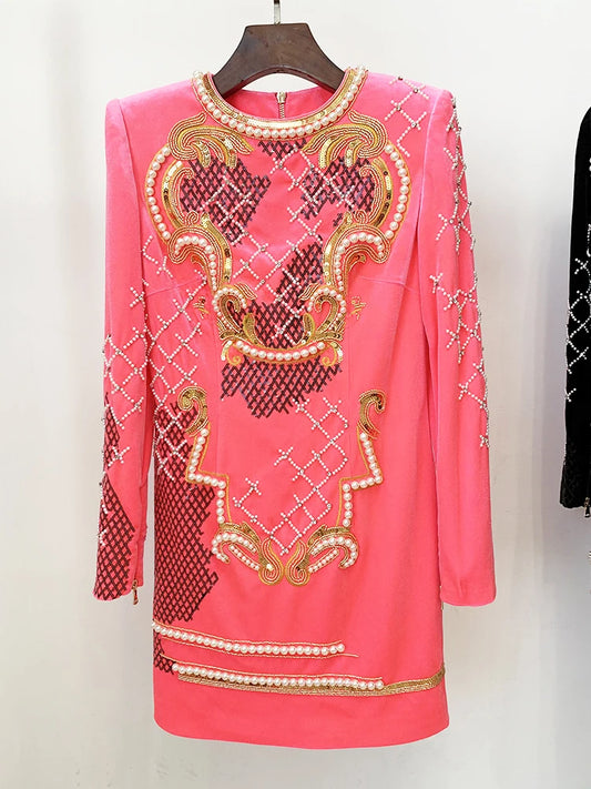 Designer Runway Fashion Women's Long Sleeve Stunning Sequined Pearls Beaded Velvet Dress