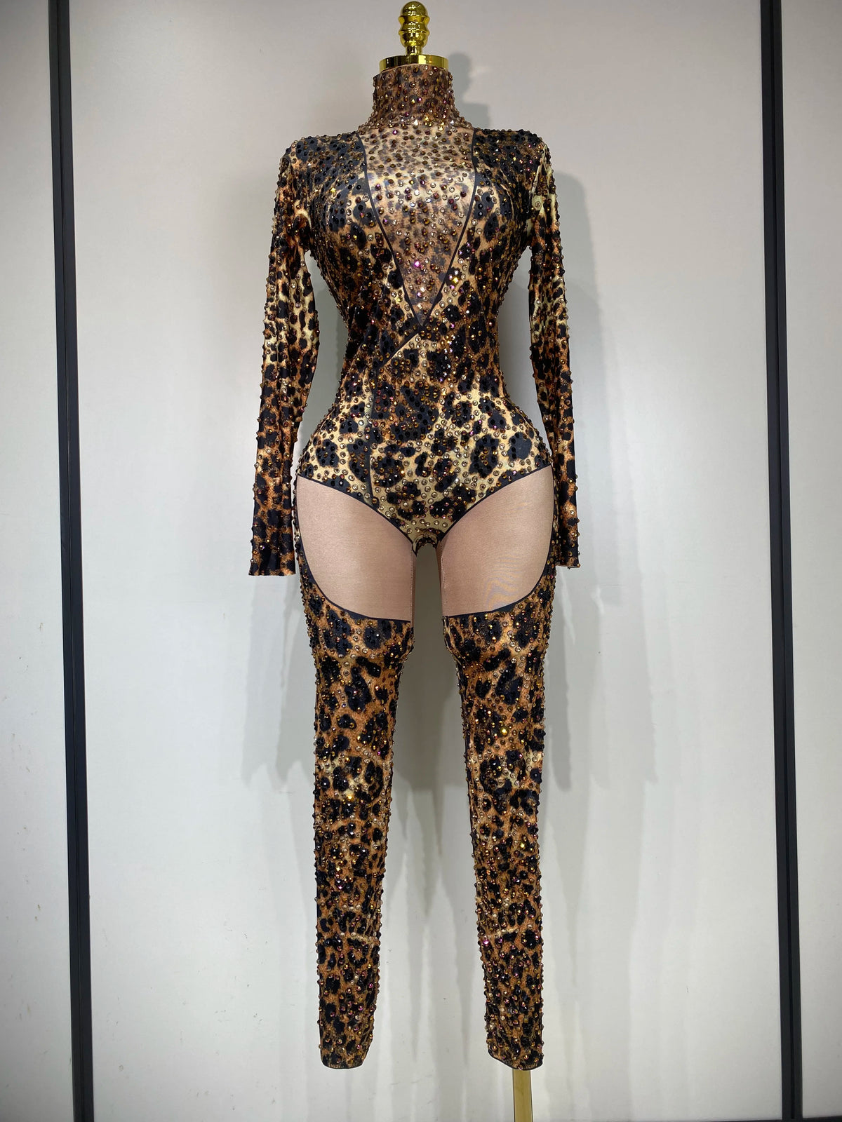 Stretch Leopard Print Sexy Bodycon Jumpsuit Bar Nightclub Singer Dancer Luxury Diamond Stage Performance Outfit