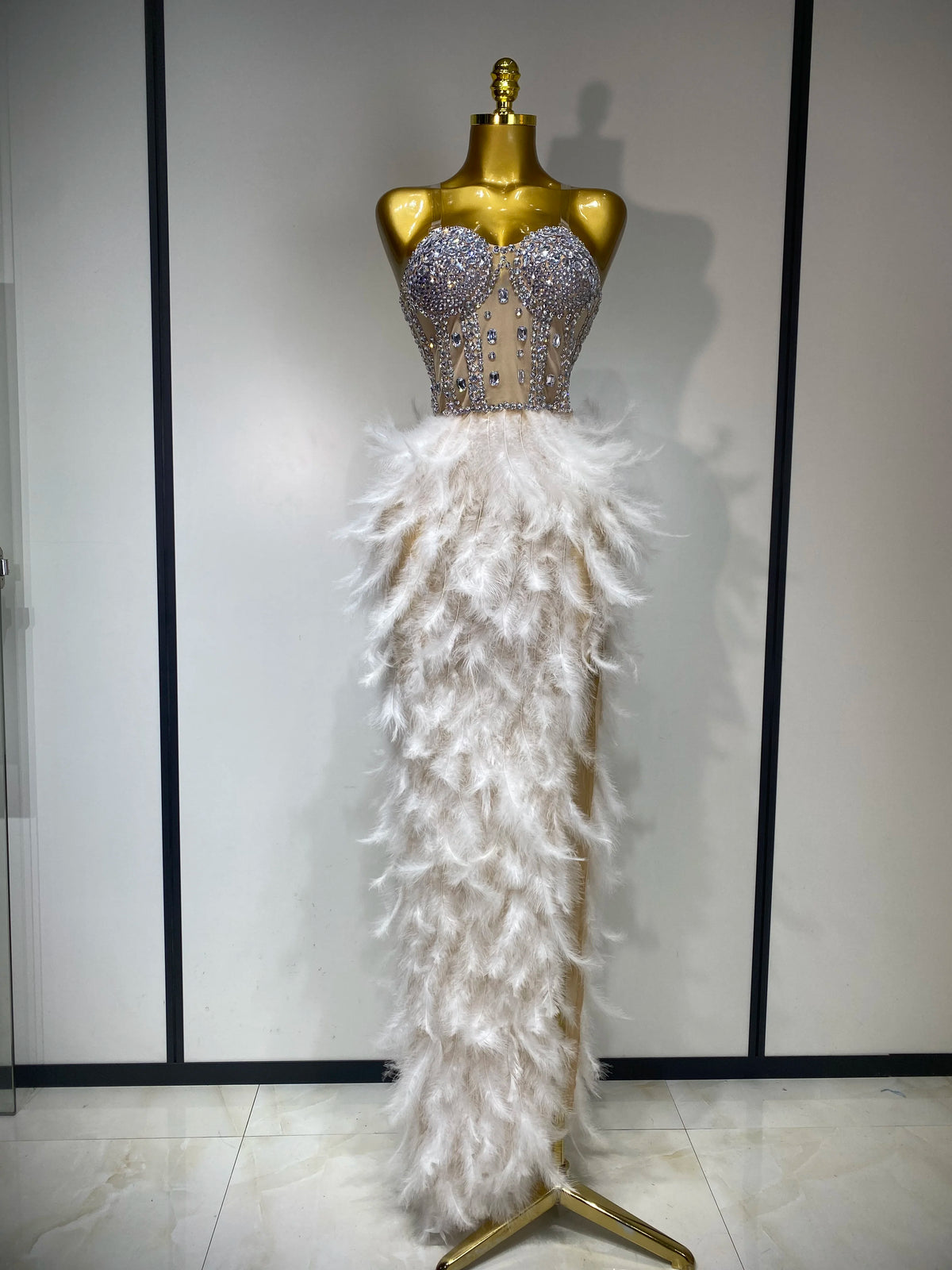 Sparkly Rhinestone Feather Mesh Long Dress Women Sexy Elegant Evening Party Luxury Birthday Photo Shoot Performance Costume