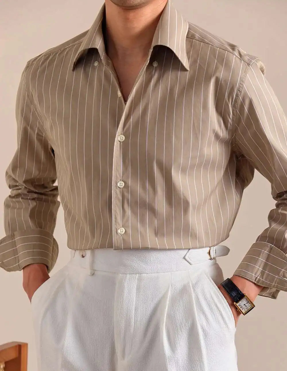 Cotton Blend Striped Casual Italian Style One Piece Collar Long Sleeved Shirt Men High Count Cotton Gentleman Business Shirt Men