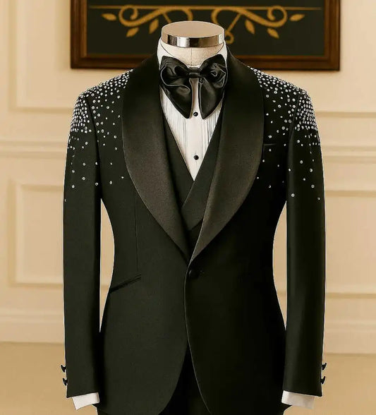 Rhinestone Luxurious Wedding Suits for Groom Shawl Lapel Single Breasted Tuxedos 2 Pcs Jacket Pants Party Prom Customized