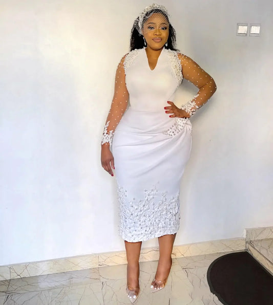 Customized V Neck Shinny Pearls Short Wedding Dress For Bride African Plus Size Illusion Full Sleeves Tea Length Bridal Gown