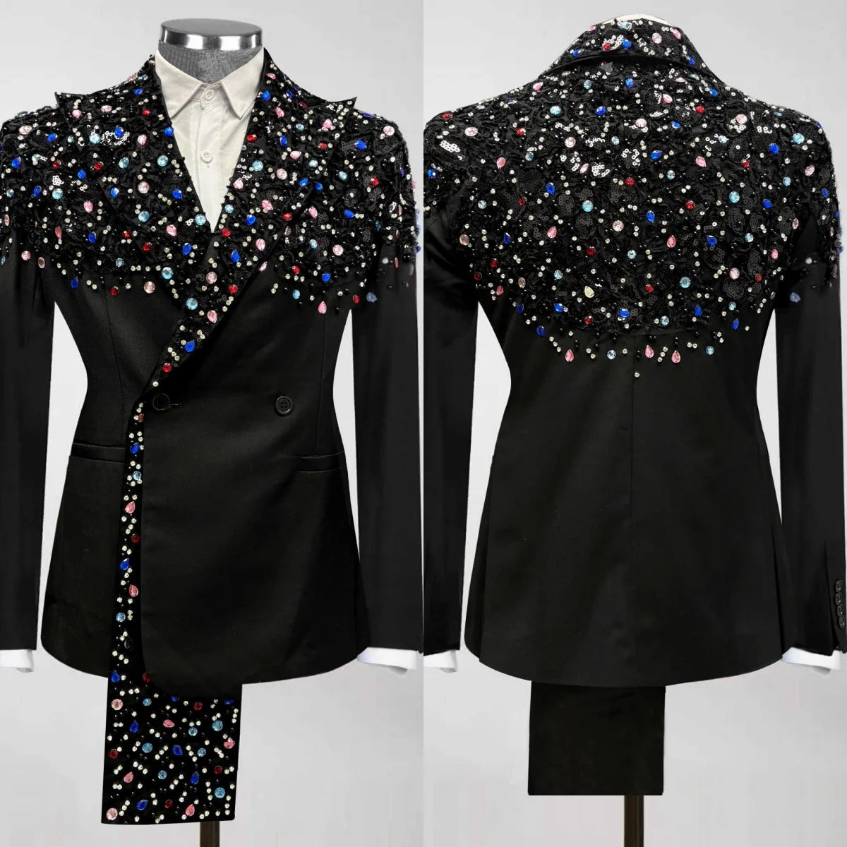 Luxurious Black Wedding Tuxedos 1 Piece Set Jacket Colorful Crystal  Men Suit Peaked Lapel Customized Groom Wear Party Suits