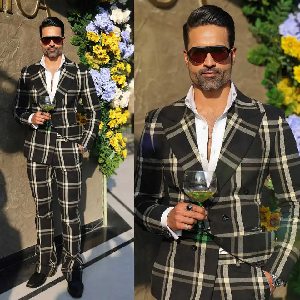 Plaid Wedding Suits for Groom Peaked Lapel Tuxedos Double Breasted 2 Pcs Jacket with Pants Customized Party Business