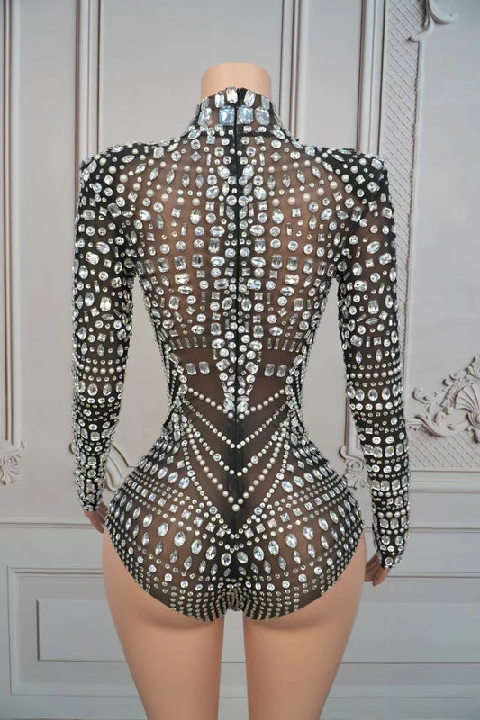 Body transparent en maille noire à strass scintillants, costume de danse sexy, justaucorps pour femme, tenue de club, tenue de scène 