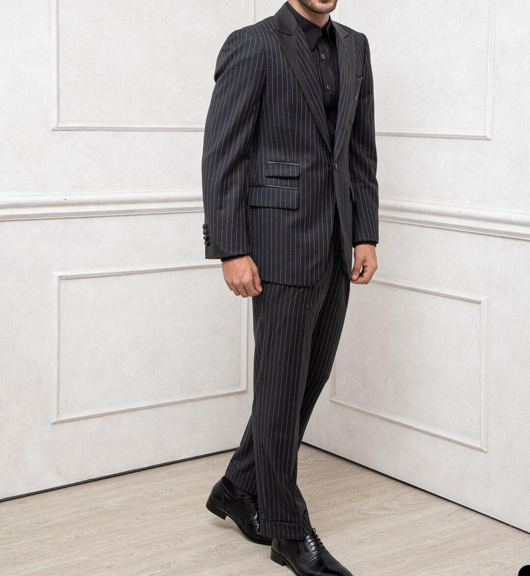 Costume de mariage noir slim pour homme avec rayures, un bouton, deux pièces, veste et pantalon, costume de créateur pour occasion formelle 