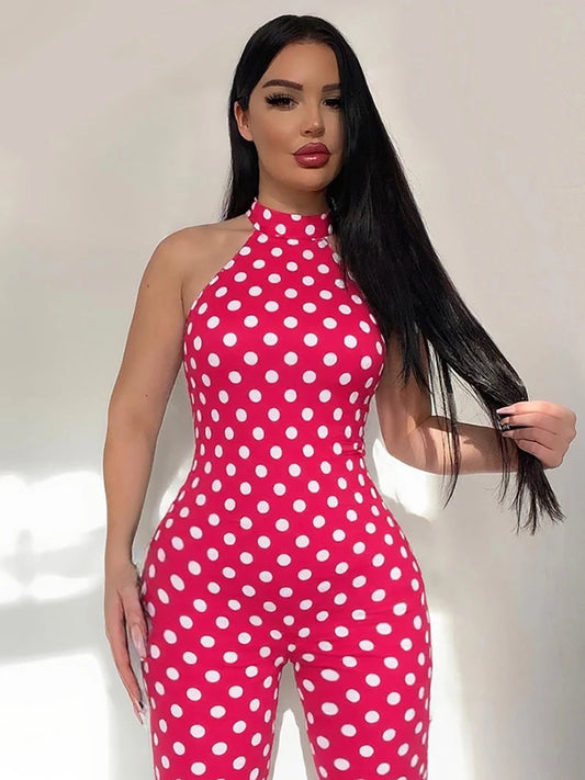 Classic Dot Printed Women Playsuits Summer Trend Panelled Halter Sleeveless Slim Rompers Mujer Hotsweet Street Clubwear