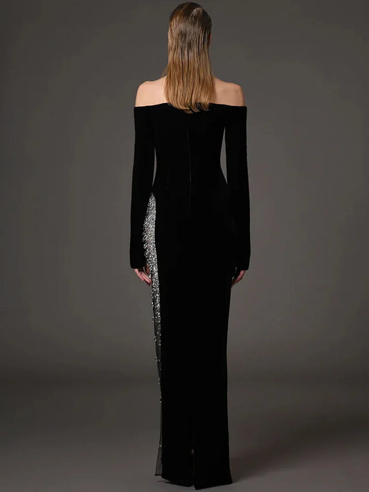 Newest  Vestido Women's Diamonds Beaded Slash Neck Off The Shoulders Patchwork Gauze Long Maxi Dress