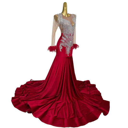 Sparkly Red Diamonds Mermaid Prom Dresses Women Glitter Sequins Bead Crystal Rhinestones Vestidos Birthday Party Dress