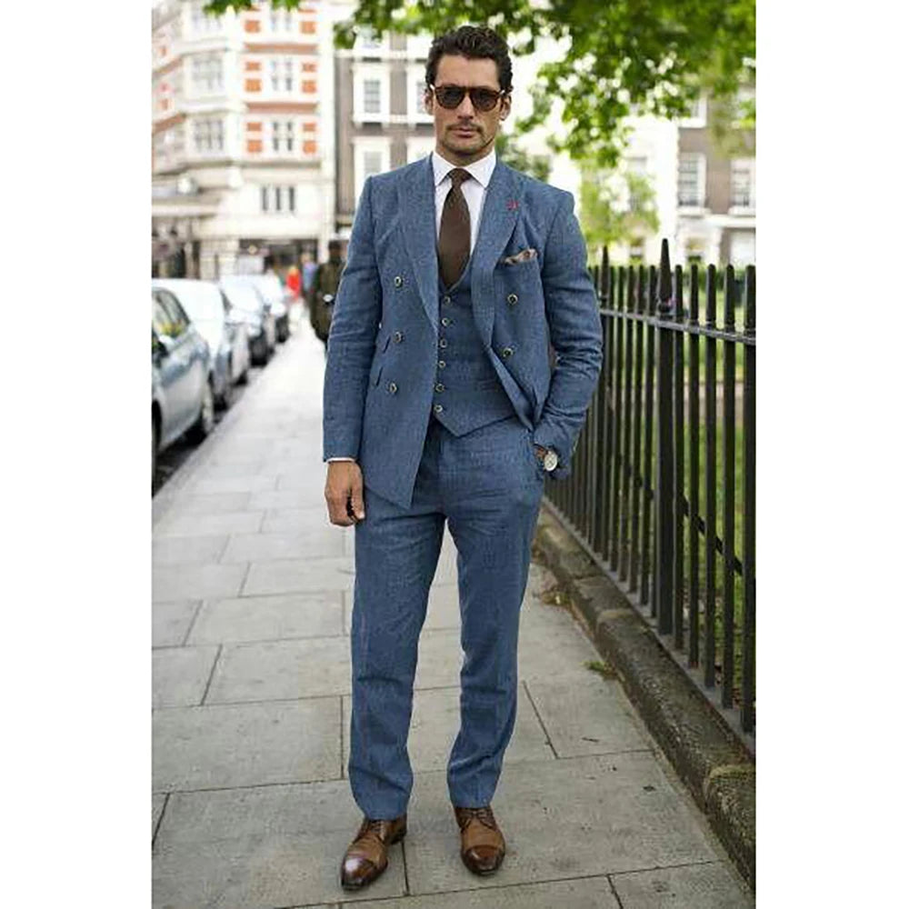 Traje azul ajustado de alta calidad para hombre, conjunto de 3 piezas con doble botonadura y solapa de pico, ideal para el día a día (chaqueta, pantalón y chaleco).