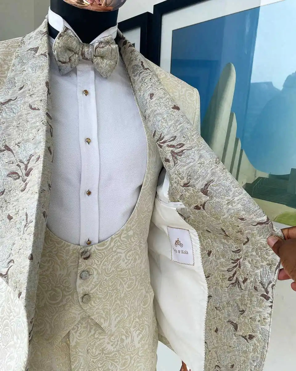 Elegant Wedding Tuxedos Jacquard One Button Men Suit Shawl Lapel 3 Piece Set Jacket Vest Pants Evening Groom Blazers Customized