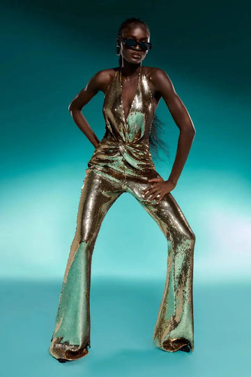 Sexy Halter Sleeveless Gold Sequined Long Bodycon Jumpsuit Pencil Skinny Rompers Twisted Celebrity Evening Runway Club Jumpsuit