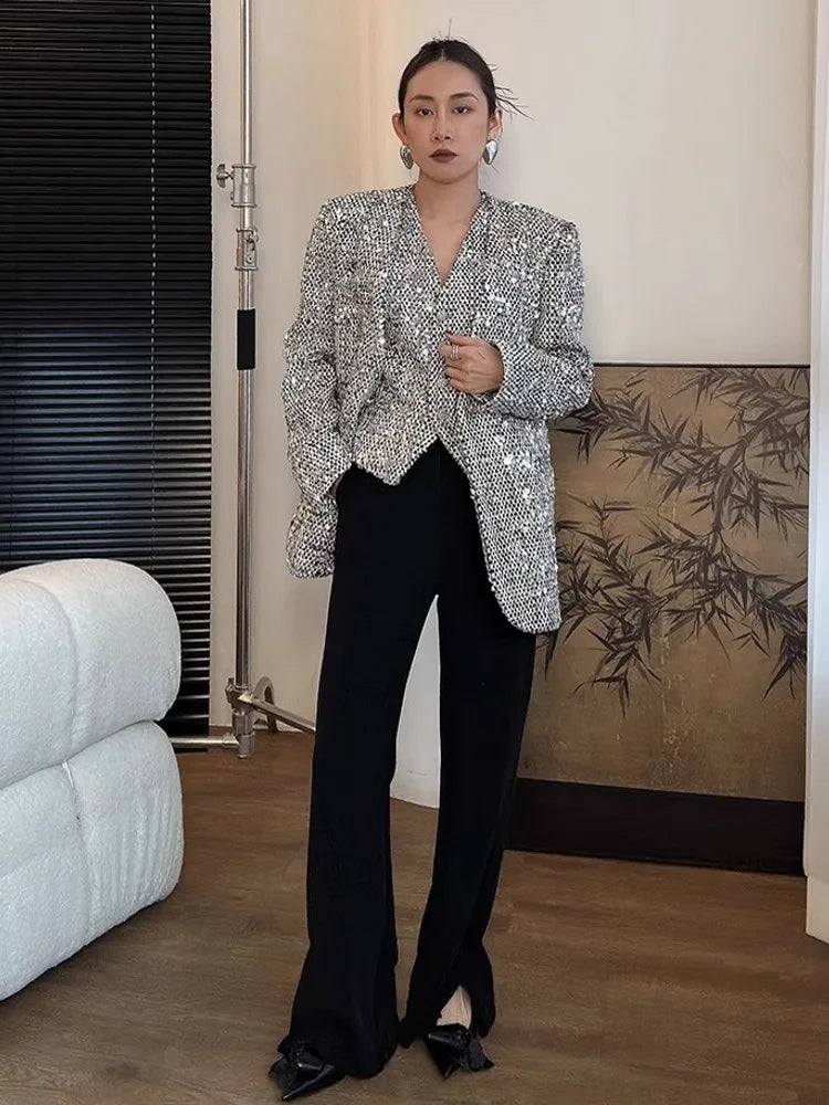 Women Shiny Sequined Tweed Jacket Punk Style Stage Show Mid Long Blazer Suit Coat Loose Fit V Neck Party Outwear Jacket
