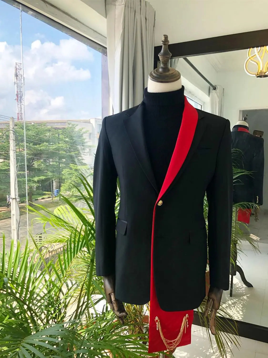 Leisure Mens Wedding Tuxedos Notched Lapel Groom Wear Black-Red Business Jacket Evening Party Custom Made Only Blazer
