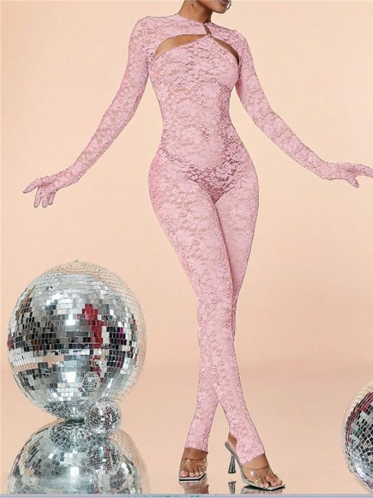 Lace Hollow Jumpsuits Women Long Sleeve Gloves Bow Metal Trim Button See Through Midnight Sexy Skinny Elasticity Outfits