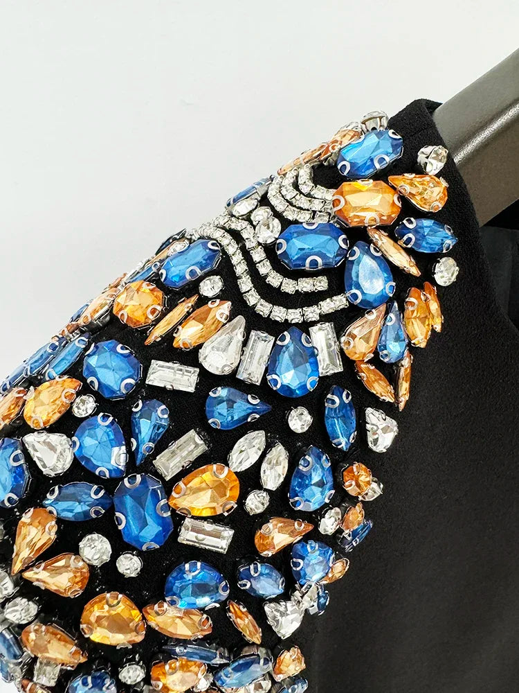 Designer Fashion Women's Long Sleeve Rhinestone Diamonds Beaded Midi Dress