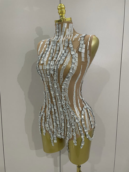 Sparkly Rhinestone Chain Sexy Transparent Sleeveless Bodysuit  Women Party Nightclub Team Performance Costume Show Stage Wear