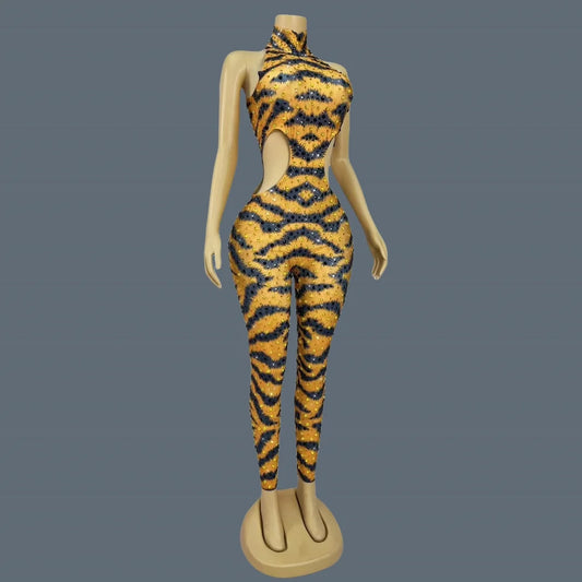 Sparkly Rhinestone Tiger Pattern Tight Fitting Jumpsuit Night Party Sexy Stage Performance Sleeveless Skinny Outfit