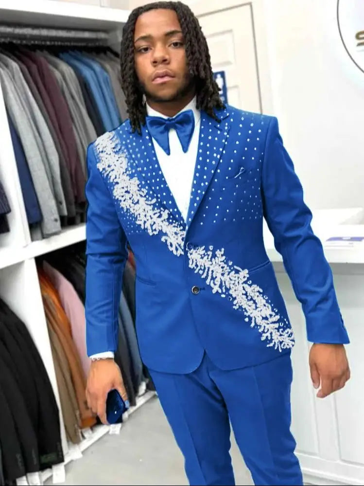 Luxury Men's Suits Crystals 2-Piece Single Breasted Blazer Peaked Lapel Formal Occasions Party Prom Customized Plus Size Tuxedo