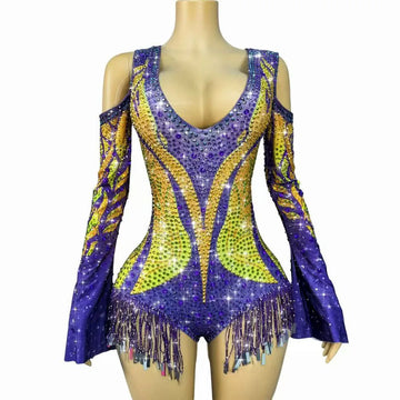 Luxury Handmade Sparkly Rhinestones Sequins Tassels Off-the-shoulder Bodysuit Women Birthday Party Show Dance Stage Wear