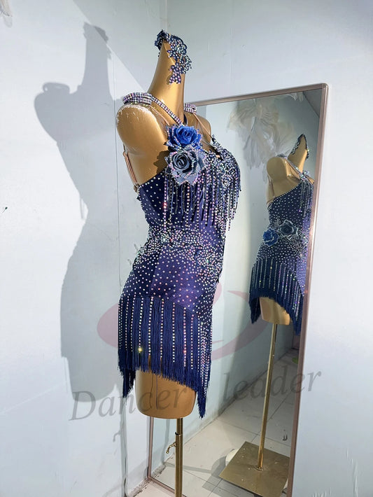 Latin Dance Costume AB Stone Female Adult Children High-End Customized Tassel Suspender Samba Performance Dress