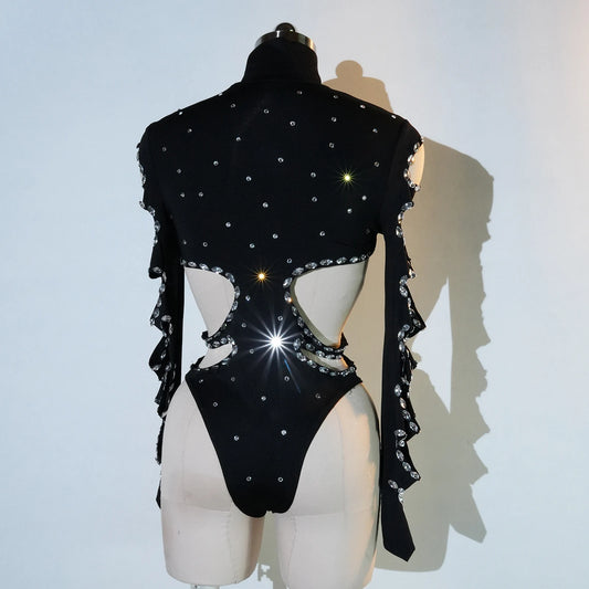 Nuevo estilo, mono negro sexy con cristales y aberturas para mujer, mono de cuello alto de manga larga, ropa de club, disfraces para cantantes de estrellas.