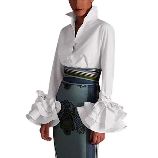 Women Elegant Flared Sleeves Falbala Blouses New Spring Autumn Black White Color Casual Office Lapel Shirts Tops